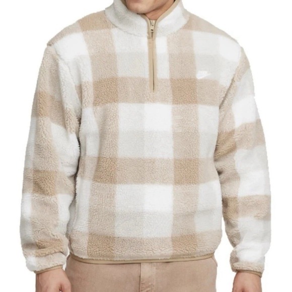 Nike Pullover Mens SMALL Beige Tan Sherpa Fleece 1/2 Zip Plaid Swoosh FZ0896-247